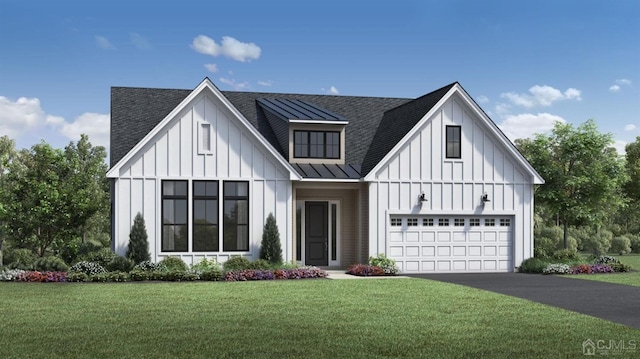 modern farmhouse with a garage and a front lawn