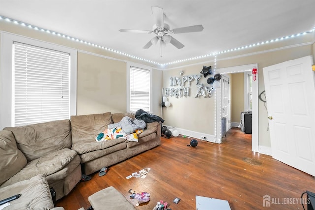 living room featuring ceiling fan and dark hardwood / wood-style flooring