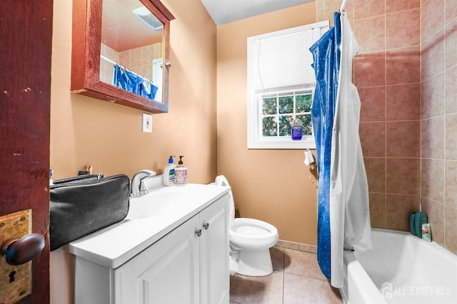 full bathroom featuring tile patterned floors, toilet, shower / tub combo, and vanity