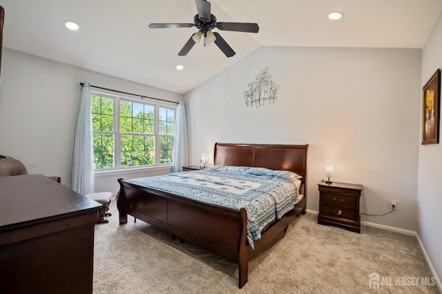 181 Windsong Cir E, Brunswick, NJ 08816 - bedroom featuring vaulted ceiling, light carpet, baseboards, recessed lighting, and a ceiling fan