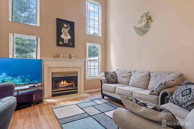 181 Windsong Cir E, Brunswick, NJ 08816 - living area featuring a glass covered fireplace, a towering ceiling, plenty of natural light, and wood finished floors