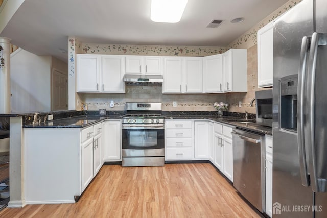 181 Windsong Cir E, Brunswick, NJ 08816 - kitchen featuring stainless steel appliances, a peninsula, under cabinet range hood, and white cabinetry