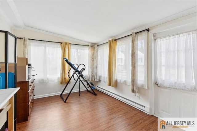 workout room with a baseboard heating unit, ornamental molding, baseboards, and wood finished floors