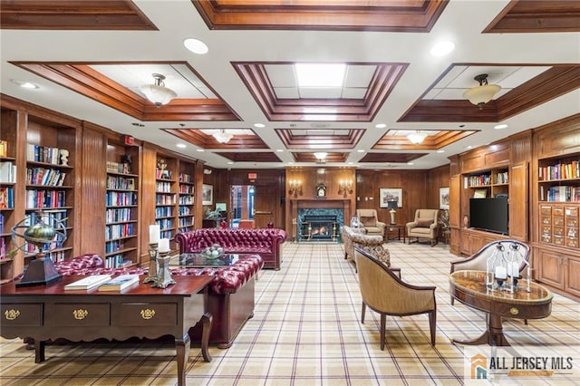 68 Winthrop Rd Unit 68B, Monroe, NJ 08831 - building lobby with ornamental molding, coffered ceiling, recessed lighting, wooden walls, and beamed ceiling
