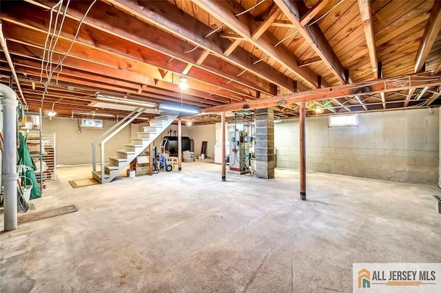 below grade area with stairs and heating fuel