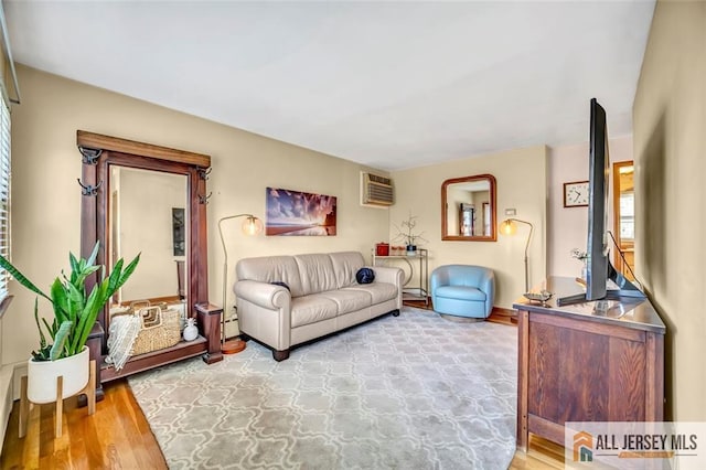 living room with a baseboard radiator, a wall mounted AC, and wood finished floors