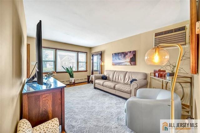 living area with a wall mounted air conditioner and wood finished floors