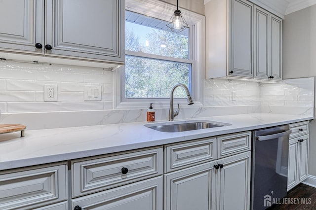 kitchen featuring light stone countertops, dishwasher, sink, hanging light fixtures, and decorative backsplash