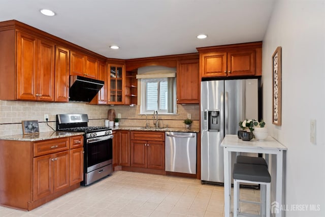 kitchen with stainless steel appliances, light stone countertops, sink, and exhaust hood