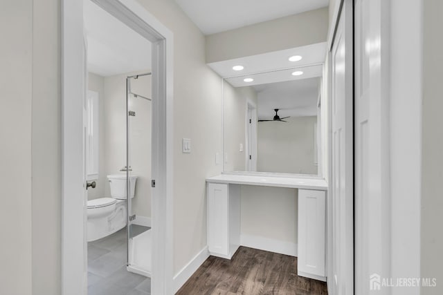 18 Heritage Dr, Edison, NJ 08820 - bathroom featuring ceiling fan, recessed lighting, toilet, baseboards, and wood finished floors