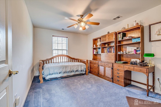 bedroom featuring visible vents, carpet flooring, baseboards, and ceiling fan