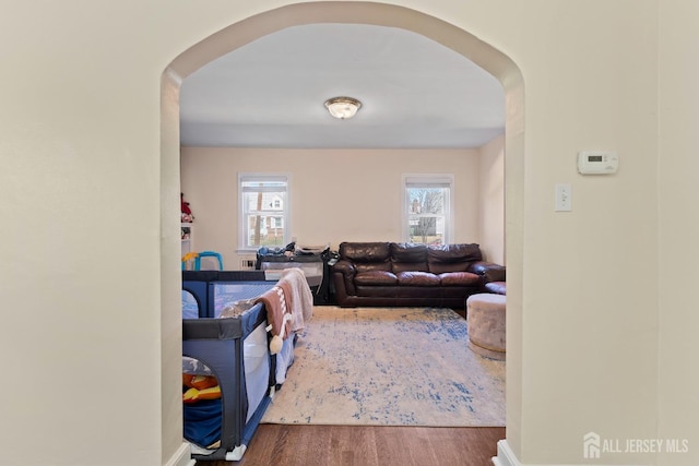 living room featuring arched walkways, wood finished floors, and a healthy amount of sunlight
