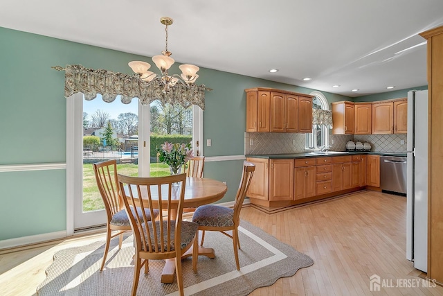 46 Hosford Ave, Leonardo, NJ 07737 - kitchen featuring dishwasher, a chandelier, tasteful backsplash, light wood-type flooring, and dark countertops