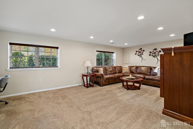46 Hosford Ave, Leonardo, NJ 07737 - living room featuring light carpet, recessed lighting, and baseboards