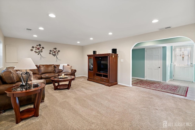 46 Hosford Ave, Leonardo, NJ 07737 - living room with arched walkways, recessed lighting, light colored carpet, and baseboards