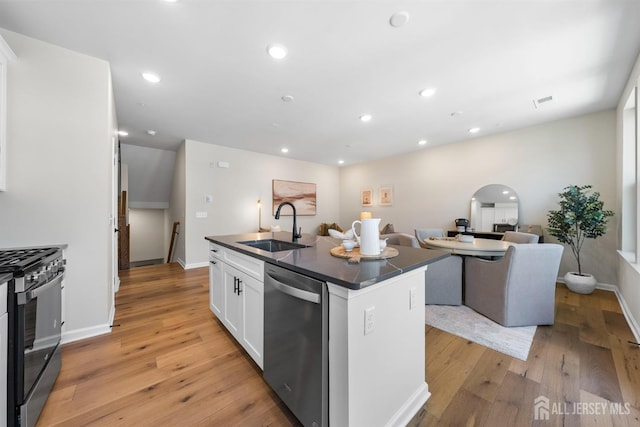 1306 Parker Blvd, West Windsor, NJ 08550 - kitchen featuring stainless steel appliances, dark countertops, a kitchen island with sink, white cabinets, and open floor plan