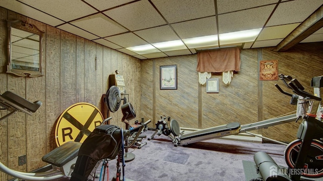 exercise room featuring carpet flooring, a paneled ceiling, and wooden walls