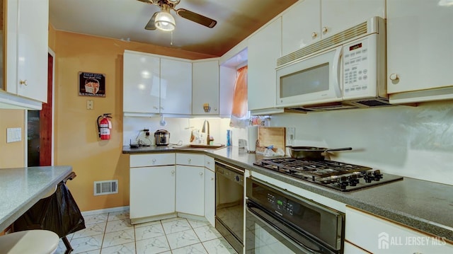 kitchen featuring white cabinetry, sink, ceiling fan, and black appliances