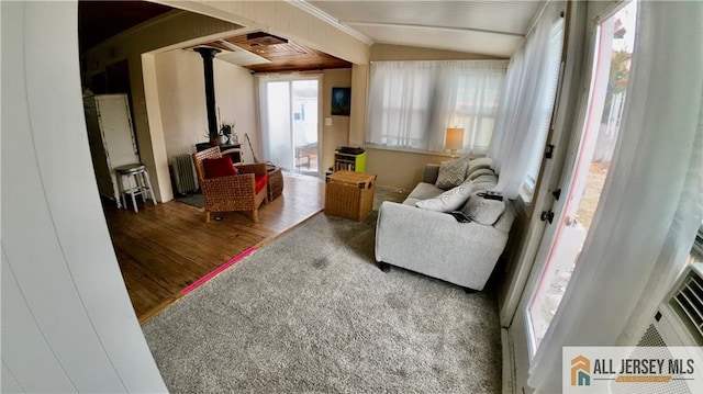 interior space featuring lofted ceiling, hardwood / wood-style floors, a healthy amount of sunlight, and a wood stove