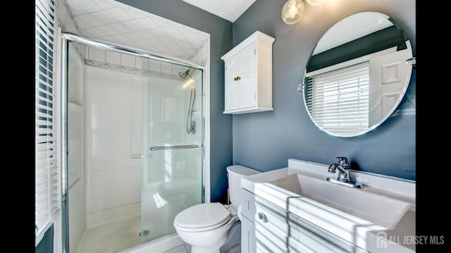 bathroom featuring a shower stall, toilet, and vanity