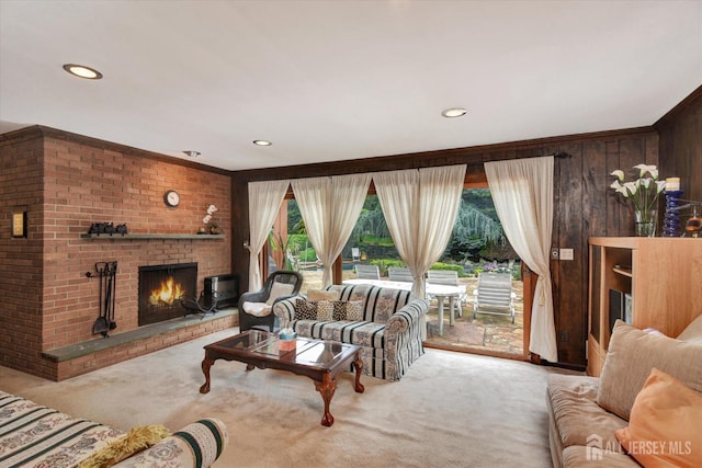 25 Deer Path, Holmdel, NJ 07733 - carpeted living room featuring a fireplace, recessed lighting, and wooden walls