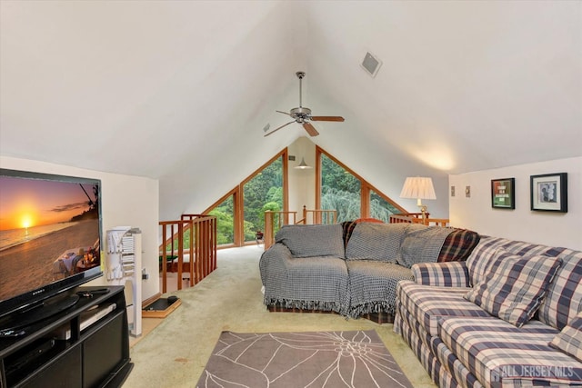25 Deer Path, Holmdel, NJ 07733 - carpeted living area featuring lofted ceiling and ceiling fan