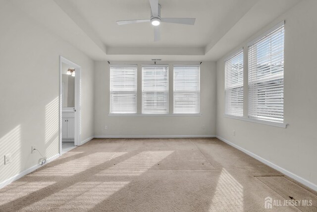 unfurnished room with light carpet, a tray ceiling, and ceiling fan