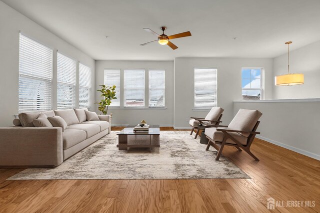 living room featuring wood-type flooring and ceiling fan