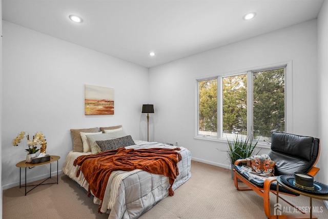 bedroom featuring carpet, baseboards, and recessed lighting