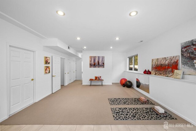 game room with recessed lighting, carpet flooring, baseboards, and visible vents