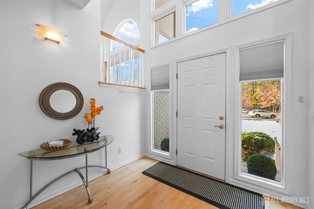 entrance foyer featuring baseboards, a high ceiling, and light wood-type flooring