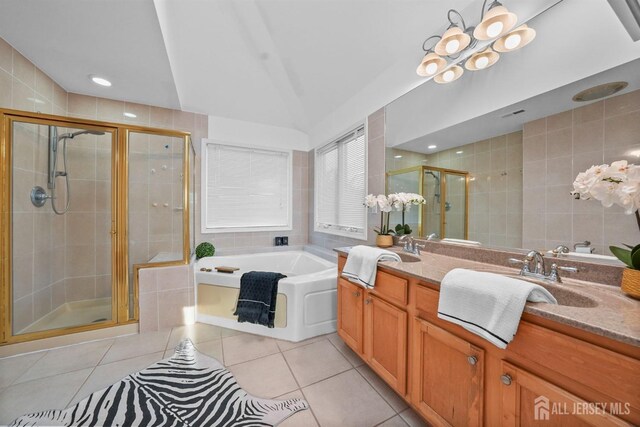 full bathroom with lofted ceiling with beams, tile patterned flooring, double vanity, a garden tub, and a stall shower