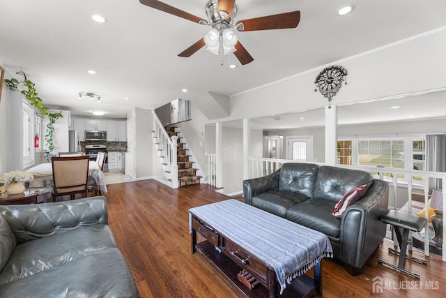 53 Tennyson St, Carteret, NJ 07008 - living room with a ceiling fan, wood finished floors, stairs, and recessed lighting