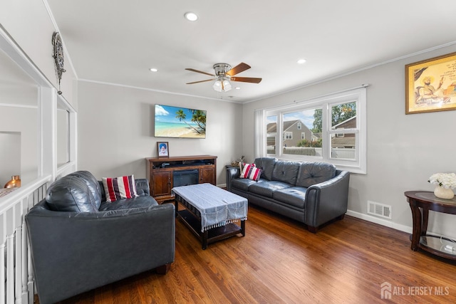 53 Tennyson St, Carteret, NJ 07008 - living area with a ceiling fan, wood finished floors, recessed lighting, and ornamental molding