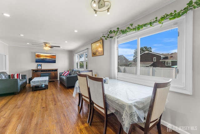 53 Tennyson St, Carteret, NJ 07008 - dining space featuring wood finished floors, recessed lighting, a ceiling fan, and crown molding