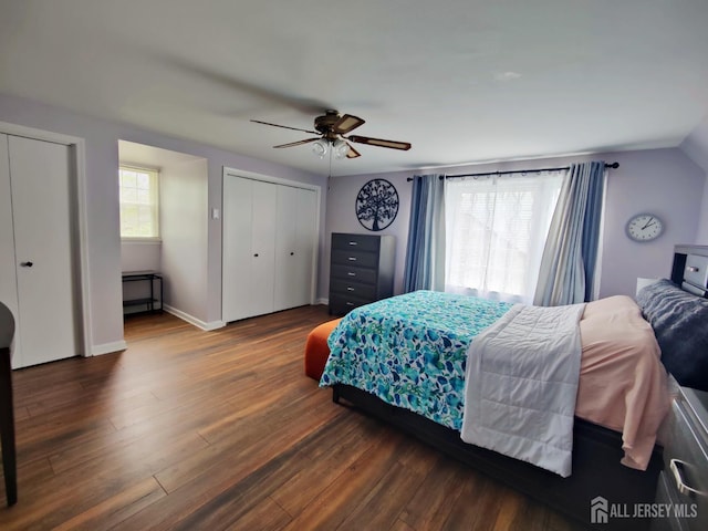 10-P Sussex Way, Monroe, NJ 08831 - bedroom featuring wood finished floors, multiple closets, a ceiling fan, lofted ceiling, and baseboards