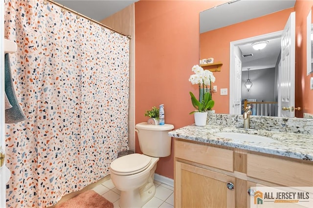 full bathroom with toilet, vanity, a shower with shower curtain, and tile patterned flooring