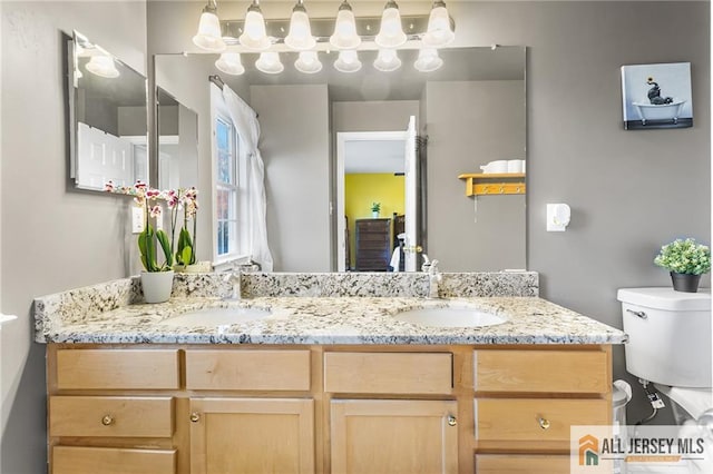 full bathroom with toilet, double vanity, and a sink