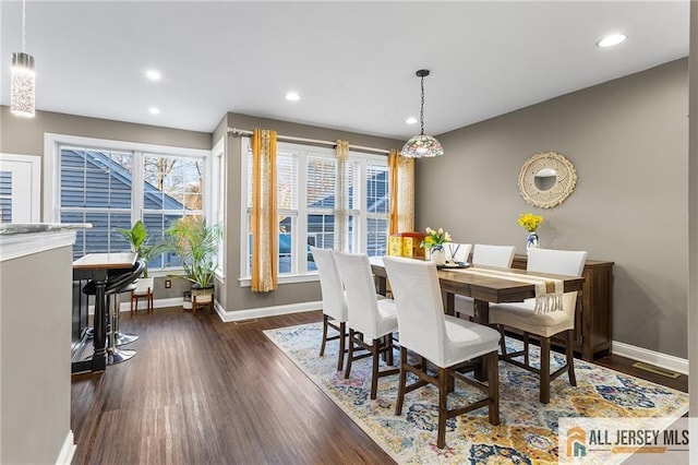 dining area with recessed lighting, dark wood-type flooring, visible vents, and baseboards