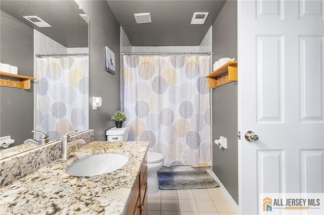 bathroom featuring toilet, vanity, tile patterned flooring, and visible vents