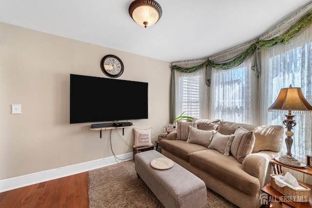 living area featuring wood finished floors and baseboards
