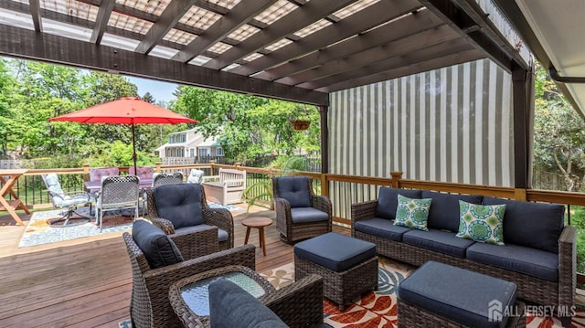 wooden terrace featuring outdoor dining space, a pergola, and outdoor lounge area