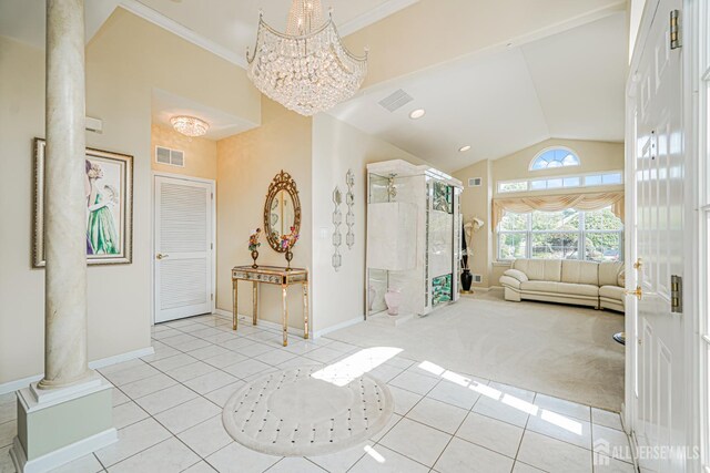137 Murano Ave, Monroe, NJ 08831 - bathroom with tile patterned flooring, vaulted ceiling, ornate columns, walk in shower, and baseboards
