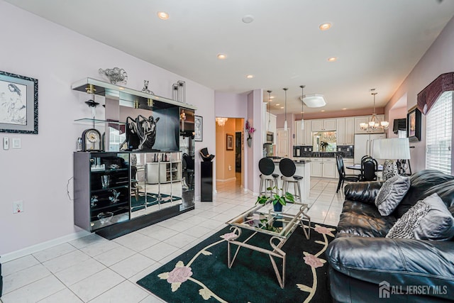 137 Murano Ave, Monroe, NJ 08831 - living area with a chandelier, light tile patterned floors, recessed lighting, and baseboards