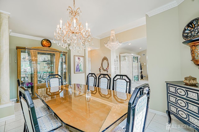 137 Murano Ave, Monroe, NJ 08831 - dining space with light tile patterned floors, a chandelier, ornamental molding, and decorative columns