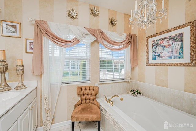 137 Murano Ave, Monroe, NJ 08831 - bathroom with a garden tub, vanity, a chandelier, and tile patterned flooring