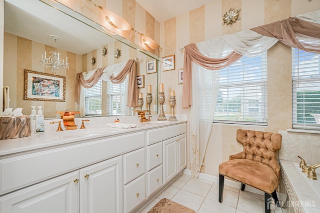 137 Murano Ave, Monroe, NJ 08831 - full bathroom featuring wallpapered walls, tile patterned flooring, double vanity, a chandelier, and a tub to relax in