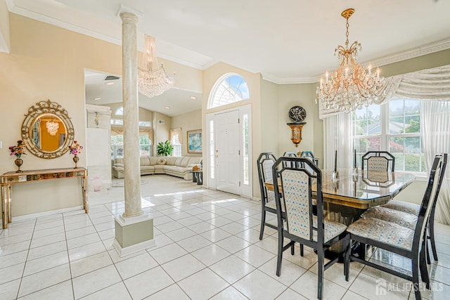 137 Murano Ave, Monroe, NJ 08831 - dining area featuring a chandelier, ornamental molding, light tile patterned floors, decorative columns, and baseboards
