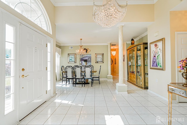 137 Murano Ave, Monroe, NJ 08831 - foyer entrance with a chandelier, ornate columns, light tile patterned flooring, baseboards, and ornamental molding
