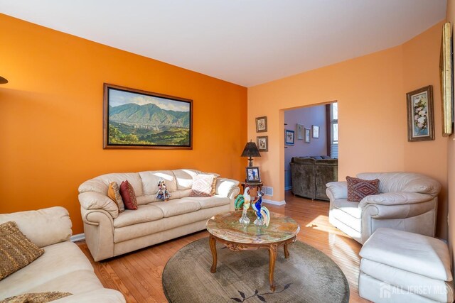 living area with wood finished floors and baseboards